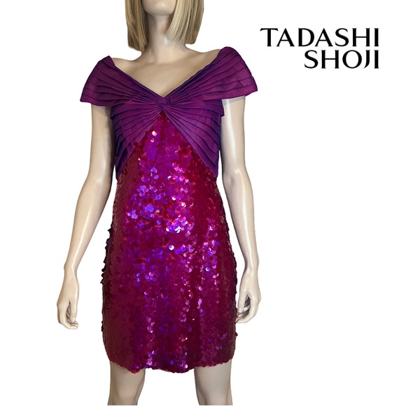 SHO by Tadashi Shoji Cocktail Dress Hot Pink Sequins Off Shoulder Sheath Party - Picture 15 of 16